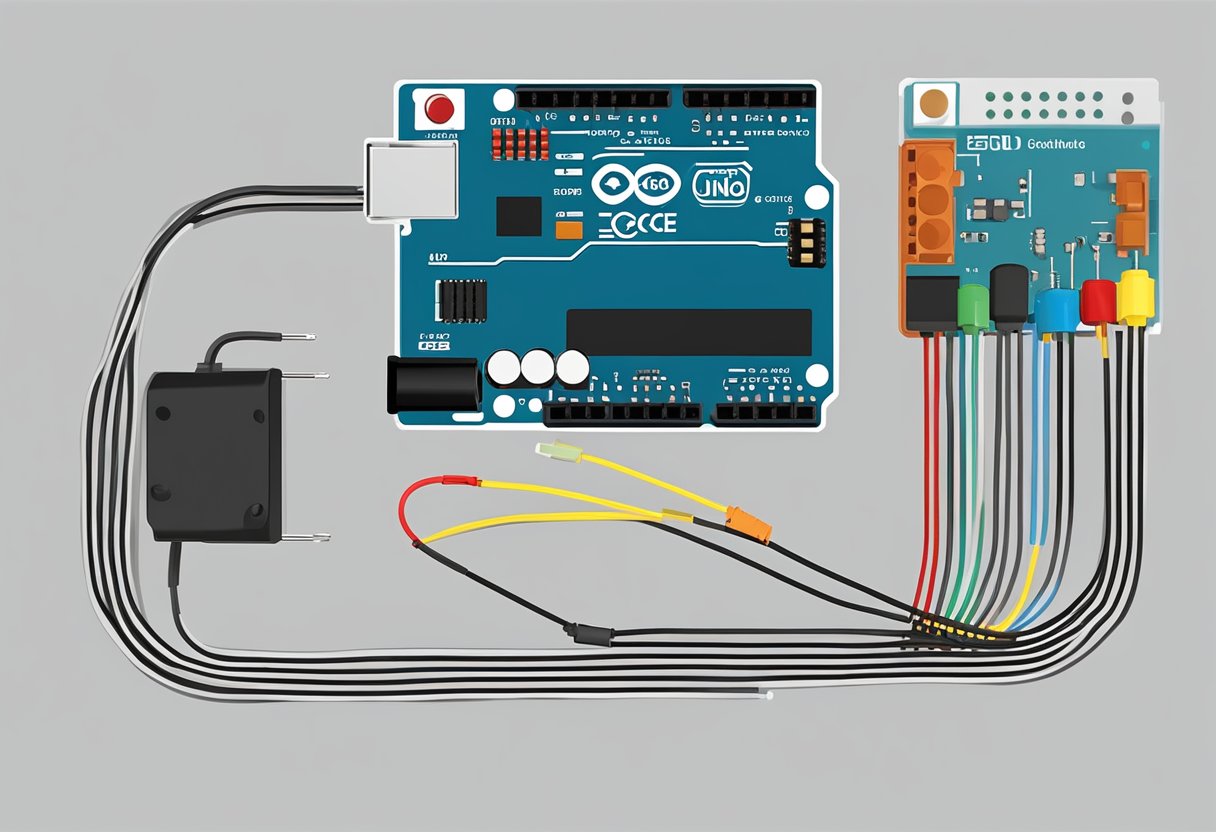 A beginner's Arduino project: LED light blinking on a breadboard, connected to an Arduino Uno board with jumper wires