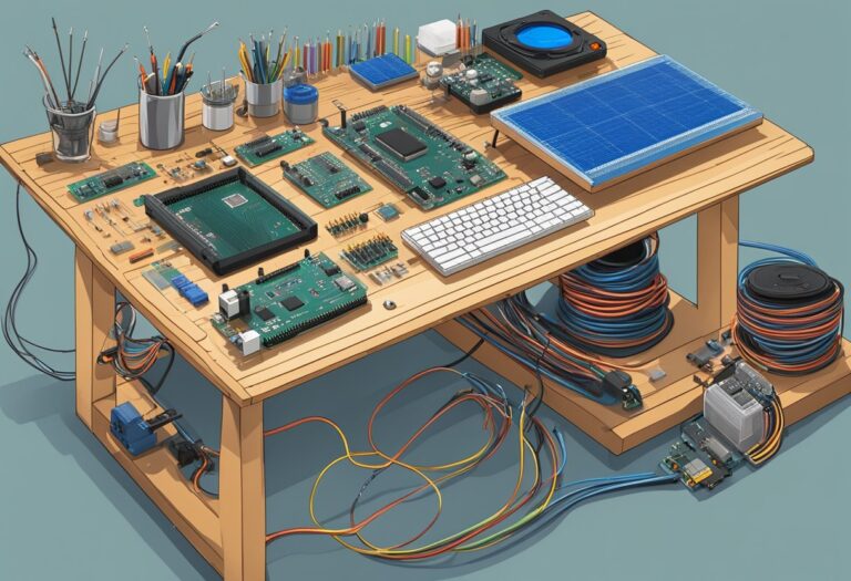Wooden workbench with circuit boards, keyboard, and solar panel—ideal for beginners exploring simple Arduino projects.