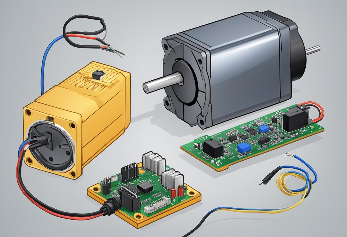 A small servo motor connected to a circuit board, with wires leading to a control interface and power supply