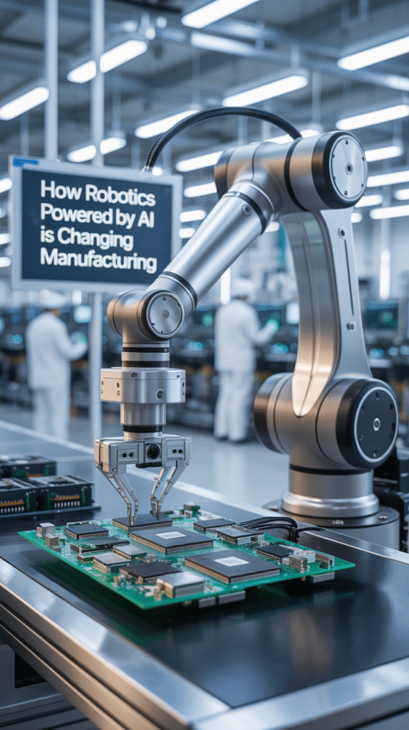A robotic arm assembles circuit boards in a modern factory, with a sign about AI-driven robotics in manufacturing.