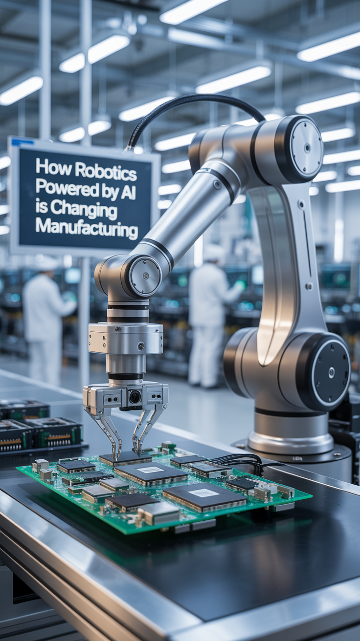 A robotic arm assembles circuit boards in a modern factory, with a sign about AI-driven robotics in manufacturing.