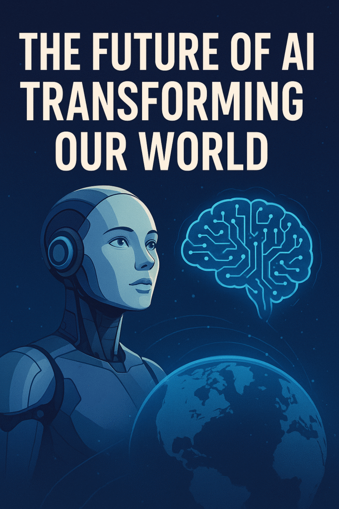 A robot and a digital brain above Earth, highlighting "The Future of AI Programming Transforming Our World" on a dark background.