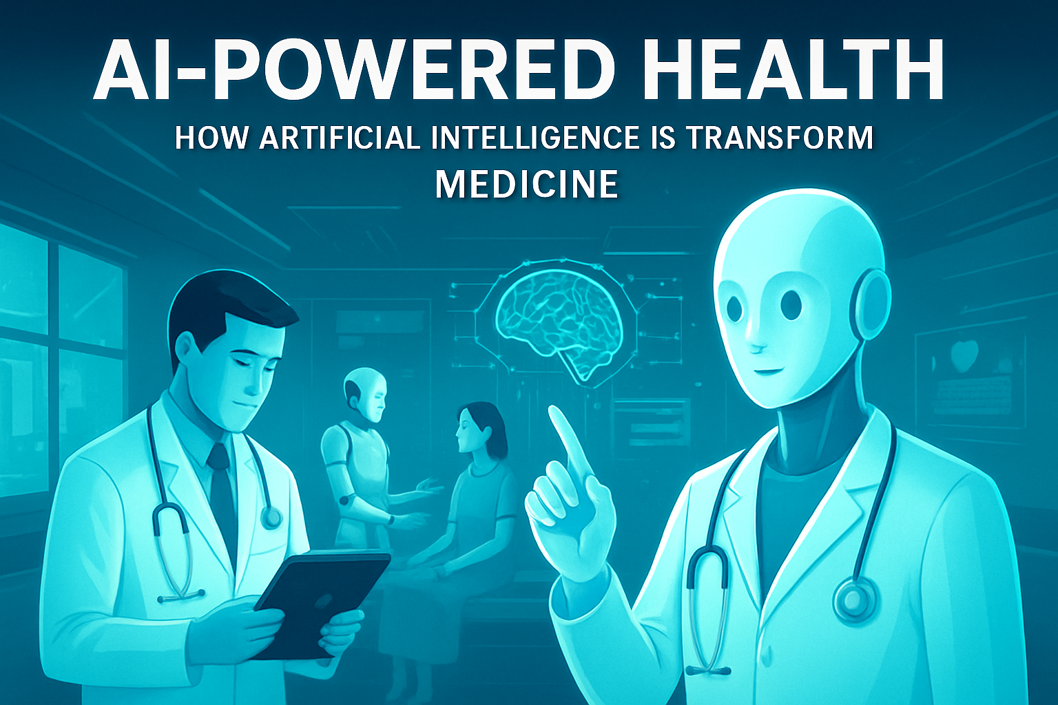 Doctors and robots interact with patients in a medical setting under the heading "AI-Powered Health.