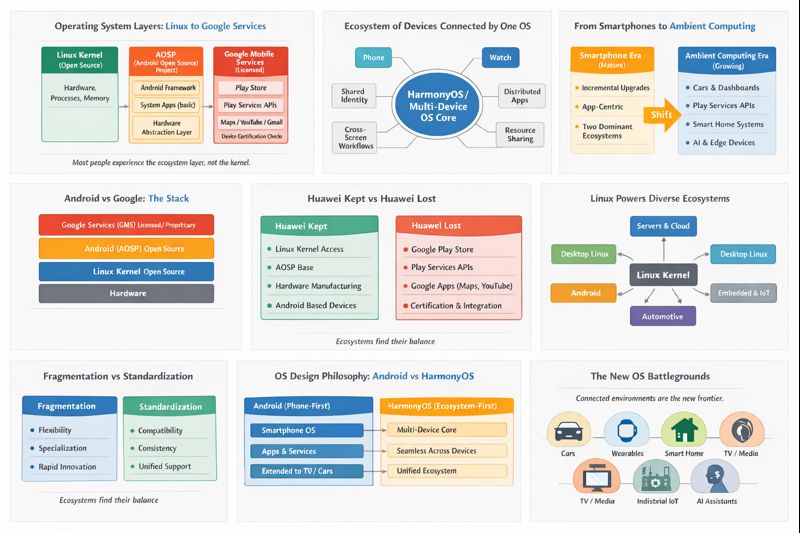 Infographic comparing Linux, Android, HarmonyOS, and Google services with diagrams of operating systems and device ecosystems.