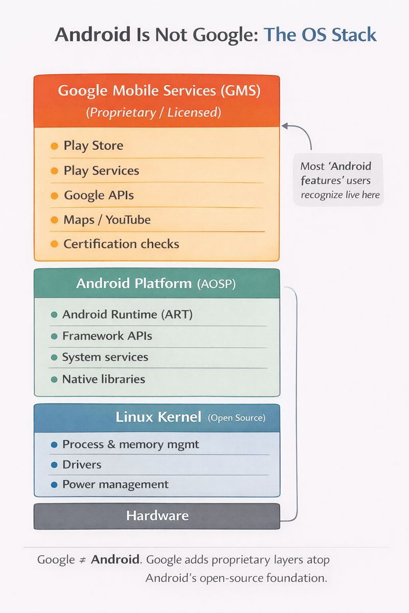 Diagram showing the Android OS stack, highlighting differences between Google Mobile Services, Android Platform, and Linux Kernel.