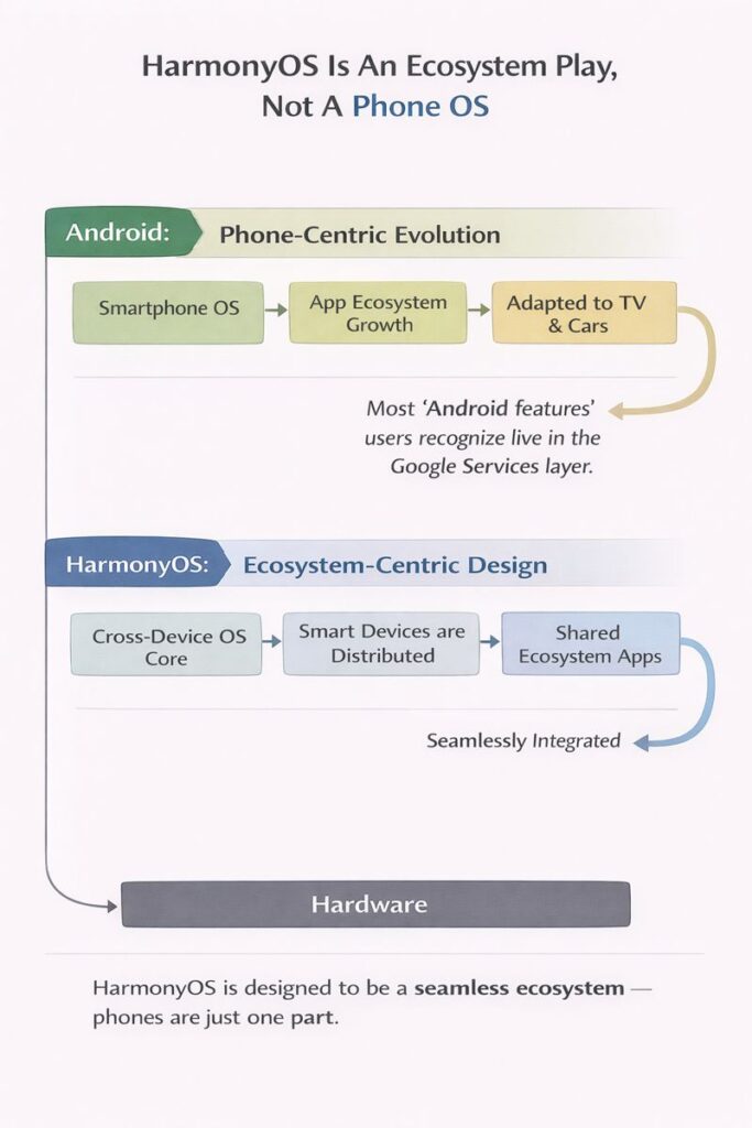 Infographic compares Android’s phone-centric model to HarmonyOS’s ecosystem design integrating devices beyond phones.