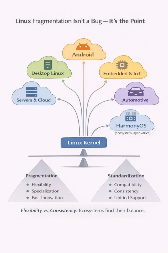 Diagram showing the Linux kernel as a base for various systems, highlighting fragmentation versus standardization.