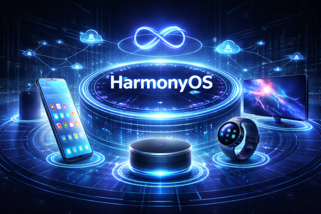 A digital illustration of HarmonyOS connecting a mobile, smart speaker, watch, monitor, and smart home devices with cloud icons.
