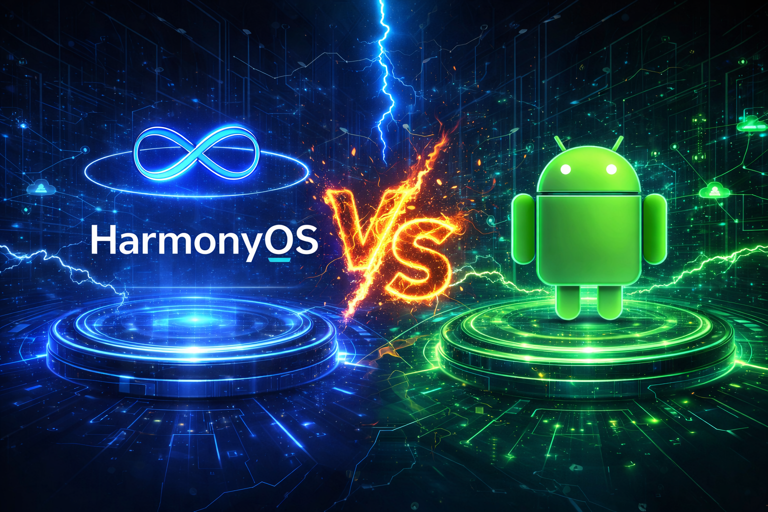 HarmonyOS logo and Android robot face off with "VS" between them, set against a digital, futuristic backdrop.
