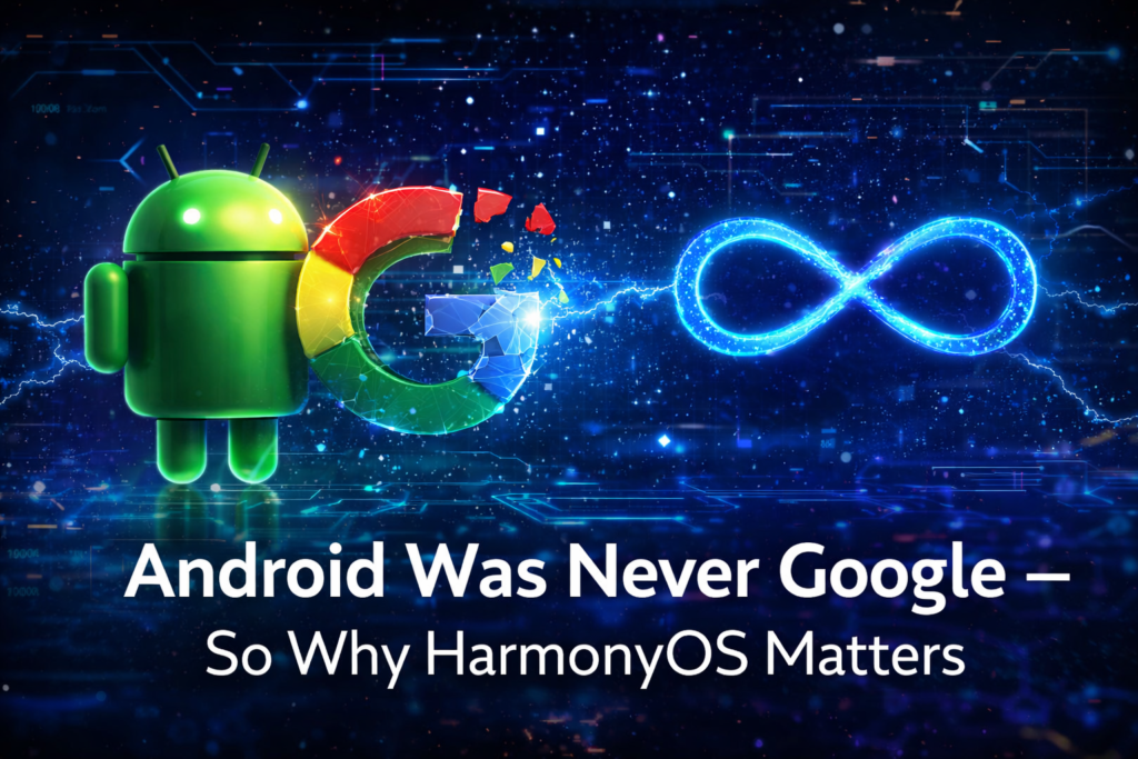 Android robot stands by a shattered Google logo, facing an infinity symbol, with text about Android and HarmonyOS.