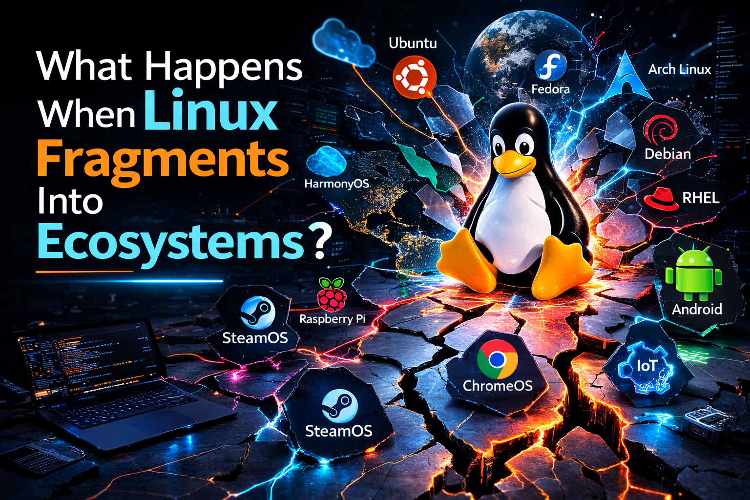 A large Tux penguin sits on cracked ground, surrounded by logos of various Linux-based operating systems and devices.