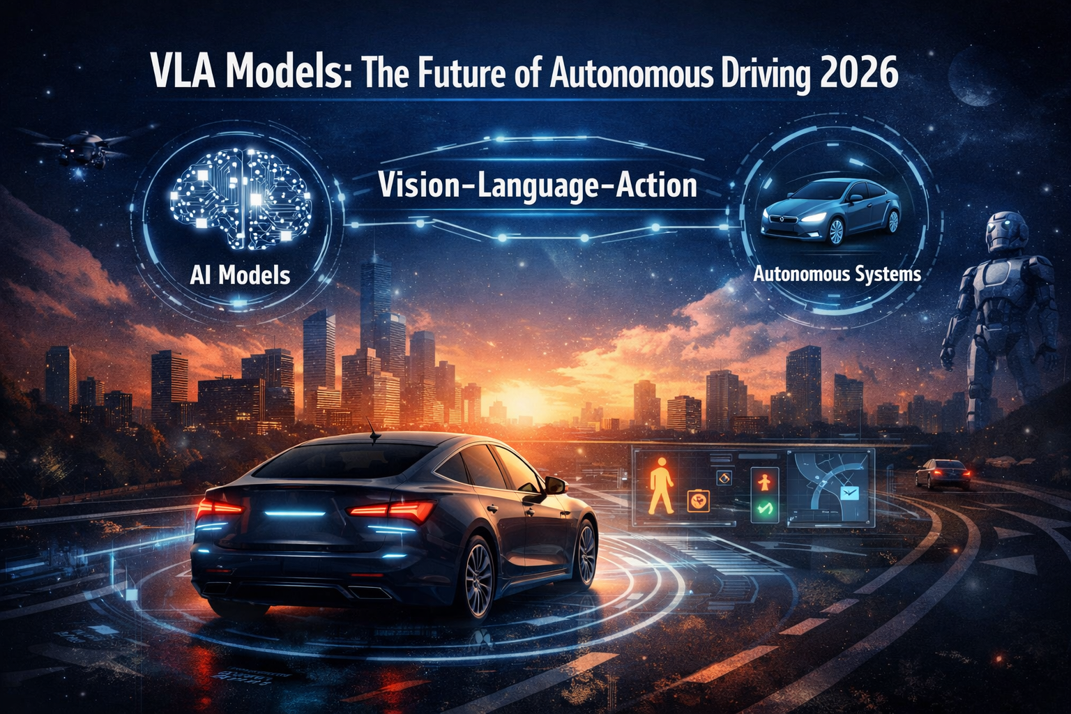 A car drives on a futuristic road with digital displays showing AI models and autonomous systems for 2026.