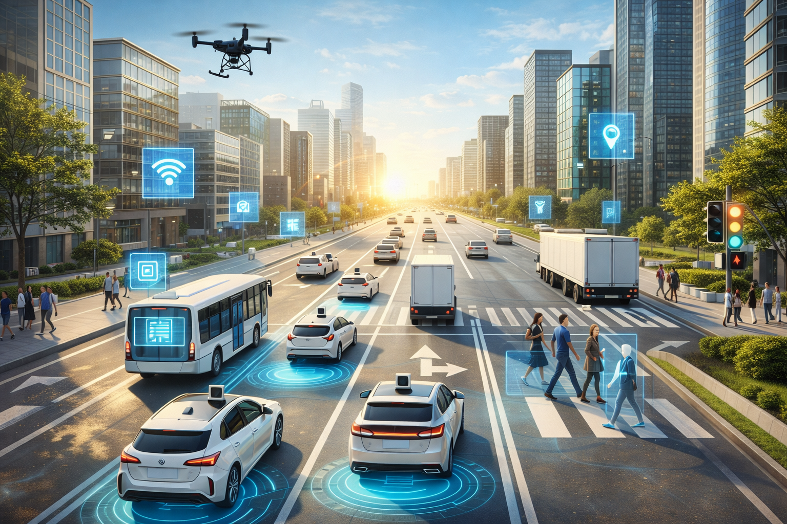 A city street with autonomous vehicles, a drone, smart sensors, and pedestrians, illustrating a connected smart city.