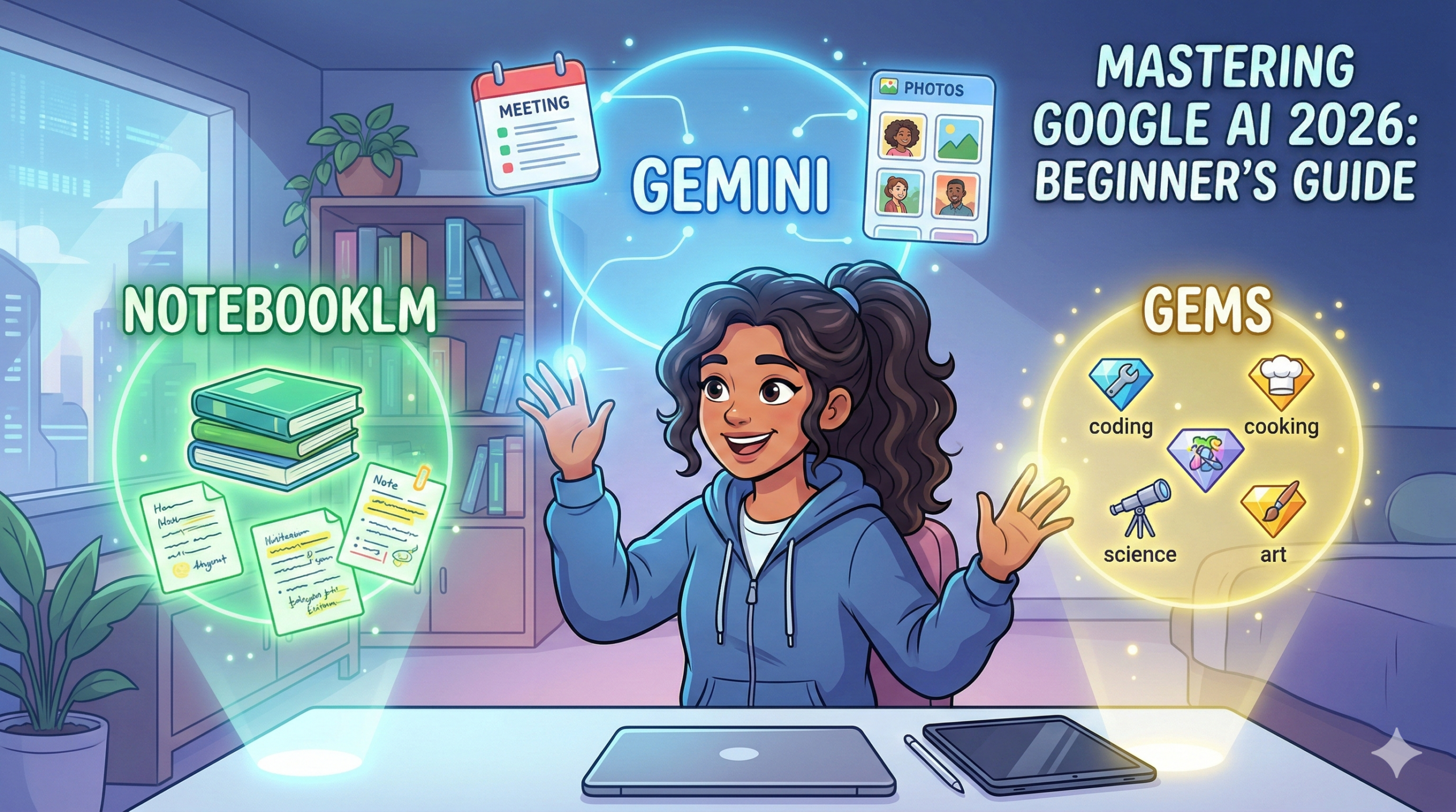 A person at a desk with digital icons labelled Gemini, NotebookLM, and Gems, under the title "Mastering Google AI 2026: Beginner’s Guide.