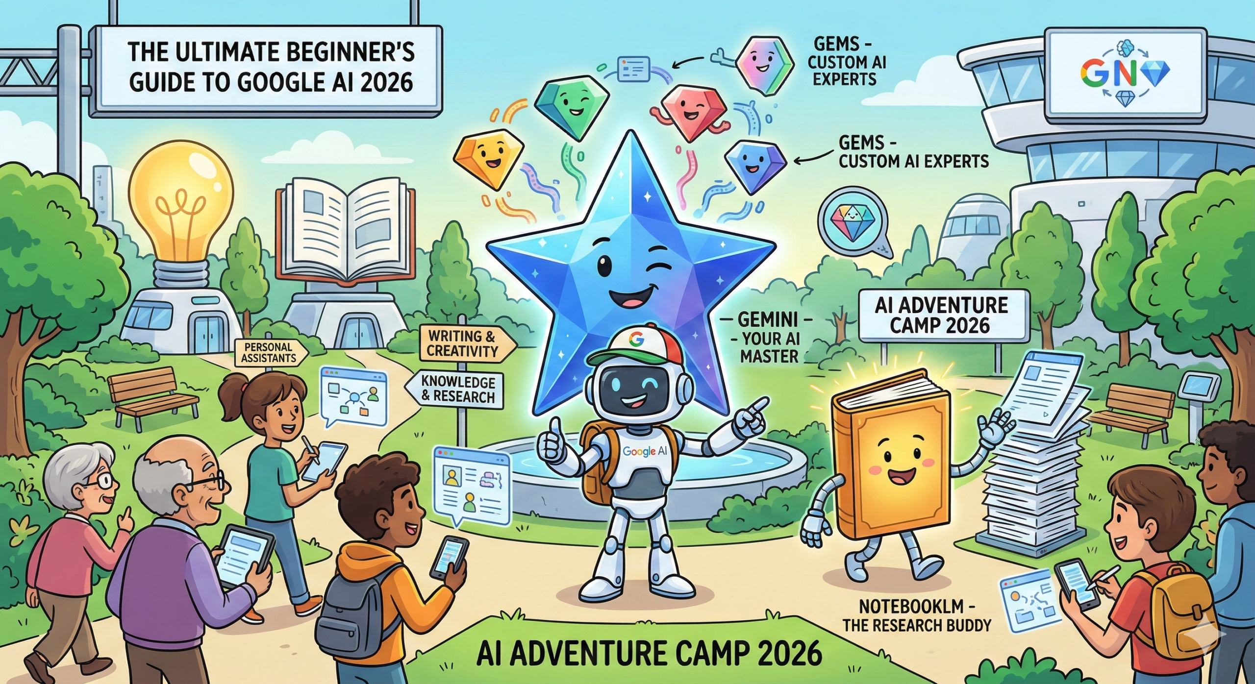 Cartoon scene of "AI Adventure Camp 2026" with people, a robot, notebook character, and floating AI gems.