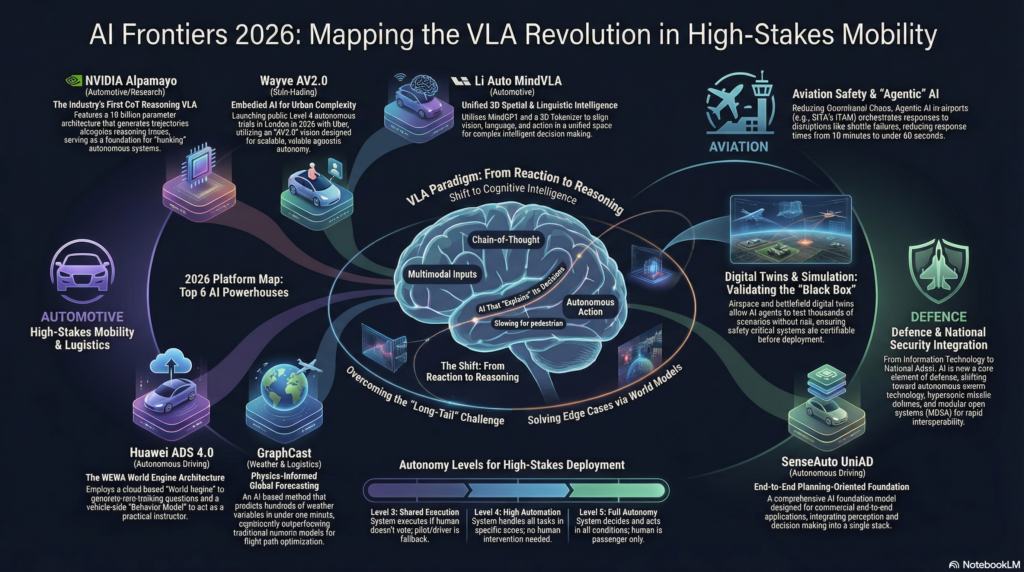 Infographic mapping AI advancements in high-stakes mobility for 2026, covering automotive, aviation, and defence sectors.