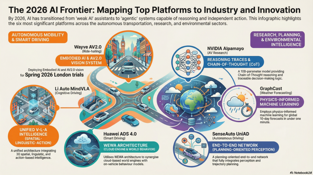 Infographic mapping leading AI platforms for 2026 across mobility, language, architecture, reasoning, and perception sectors.