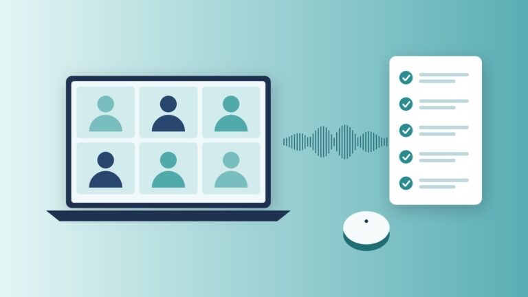 Illustration of a video call on a laptop turning into a checklist of meeting notes, with a small wearable recorder