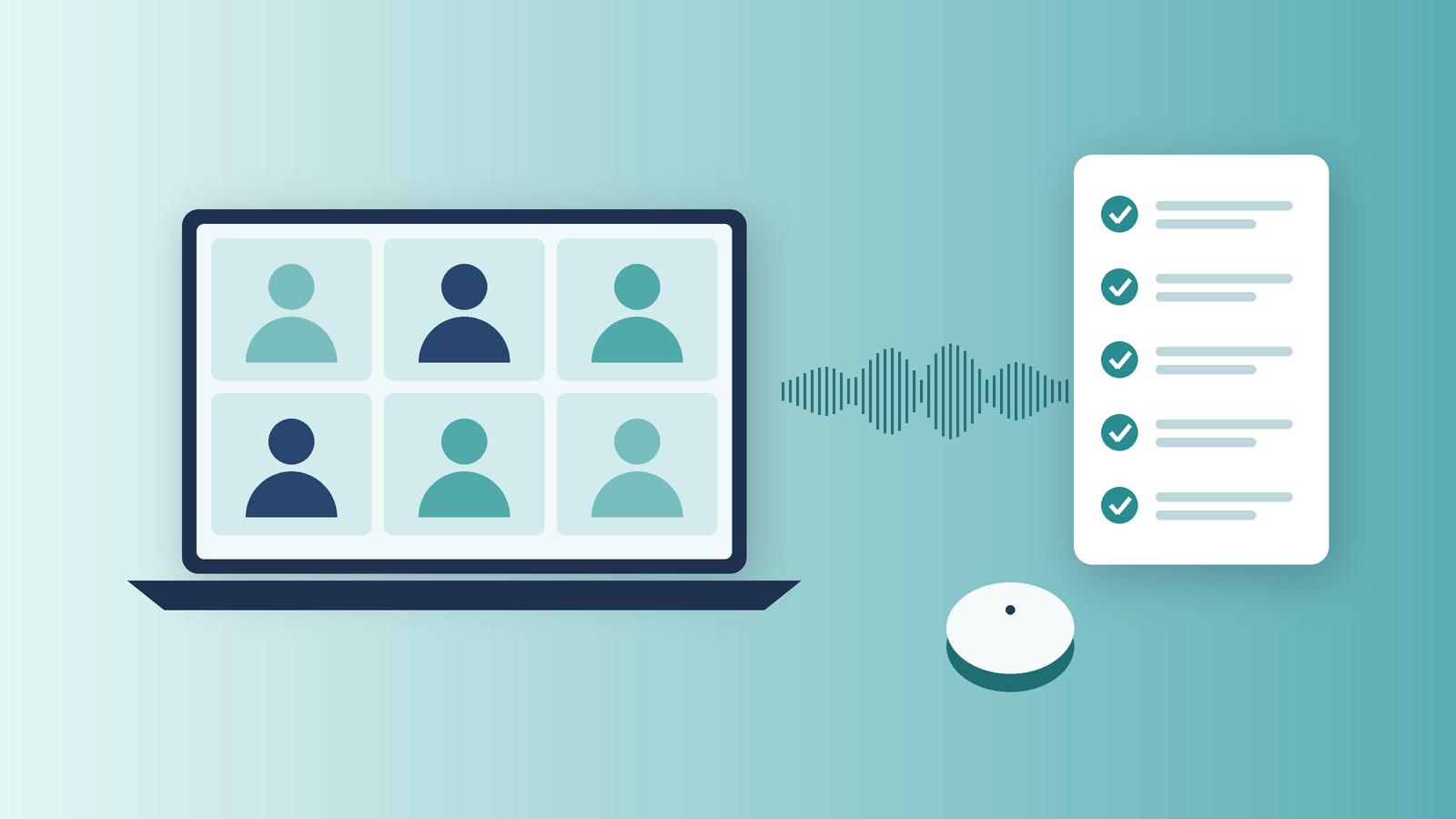 Illustration of a video call on a laptop turning into a checklist of meeting notes, with a small wearable recorder