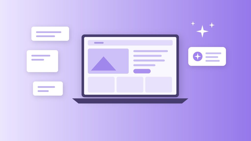 Illustration of a laptop assembling a website from blocks with an AI sparkle and chat bubble